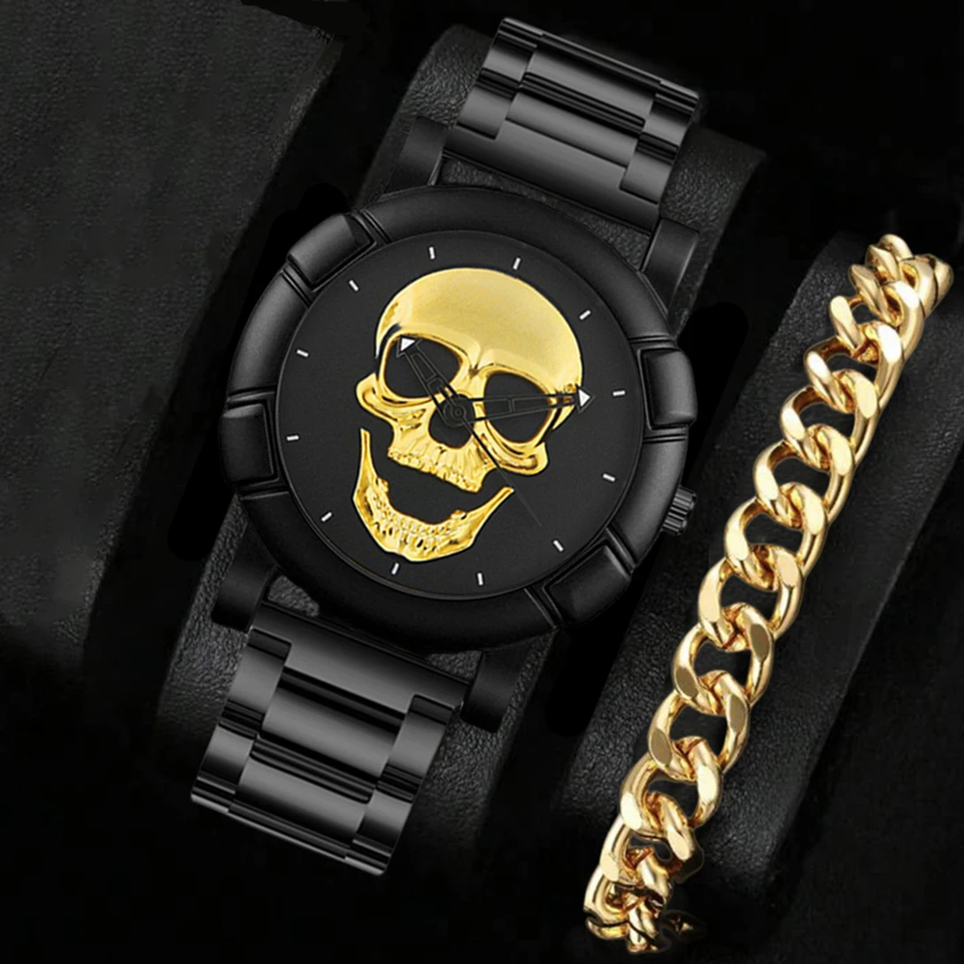 Halloween Skull NK Bracelet Sets Men Watches Luxury Brand Hiphop Stainless Steel Band Quartz Watches For Mans Gifts New Hot Sale