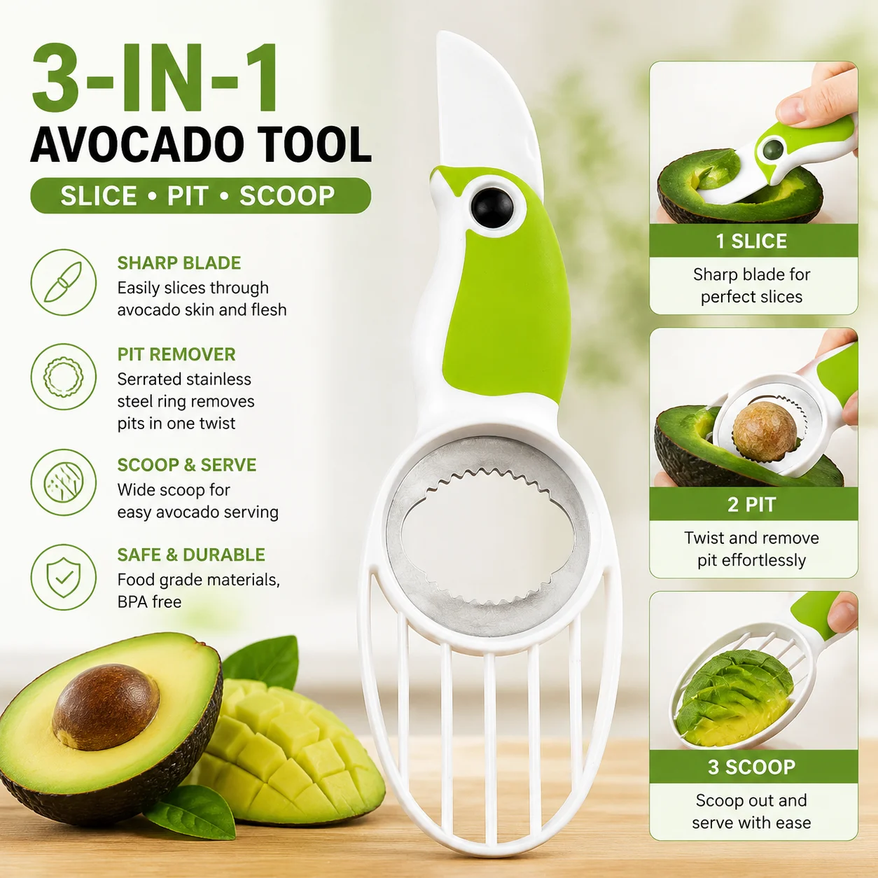 Avocado Slicer Tool - Taglia Avocado 3-in-1, Affettatore e Spremi-seghe
