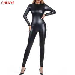 Women Body Shaper Seamless High Elastic Bodysuit Woman PU Back Zipper Catsuit Costume Nightclub Dance Leather Jumpsuit Shapewear