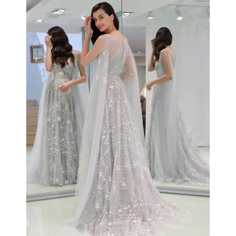 สีเทาElegant Maxiชุดราตรี 2021 ผู้หญิงStarตาข่ายTulleชั้นความยาวRobe Fairyเจ้าสาวงานแต่งงานชุดราตรีVestidoหญิง