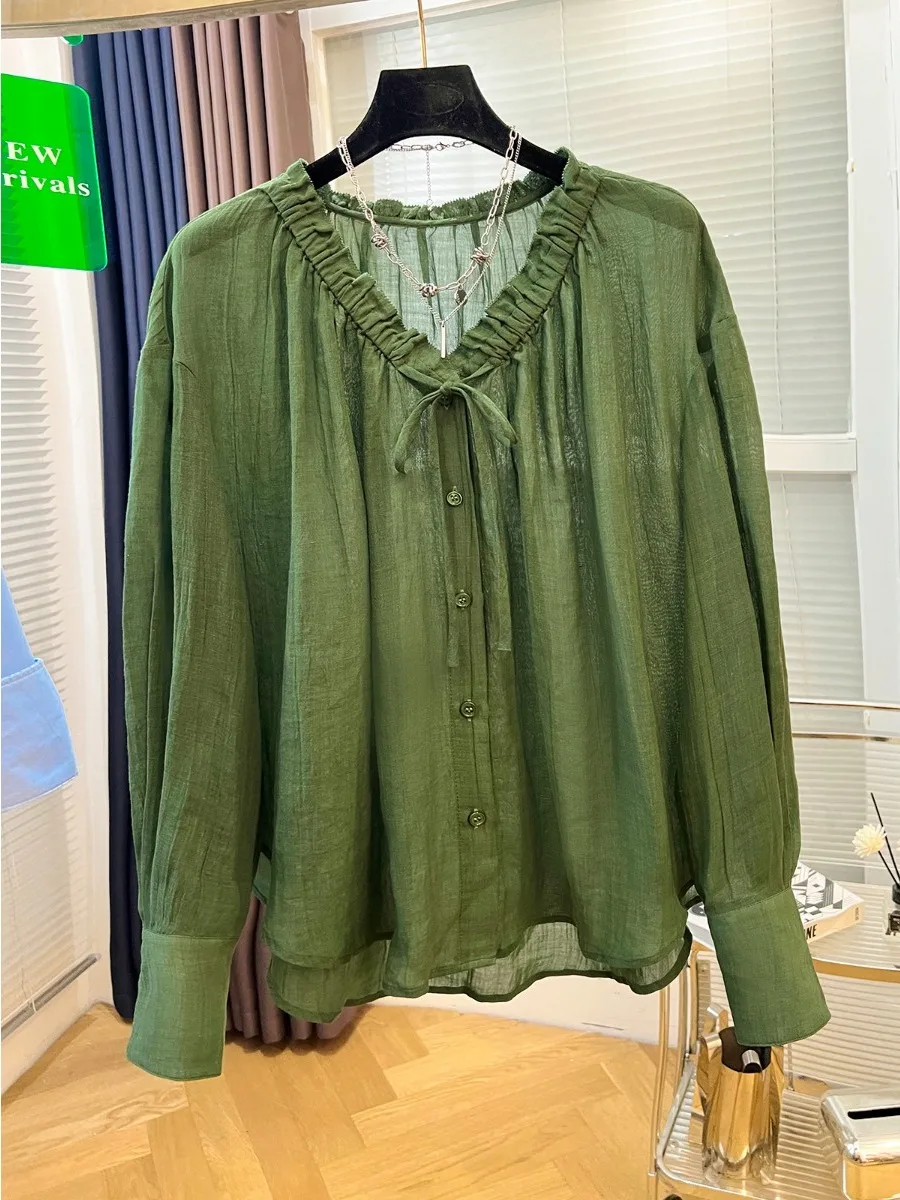 

Spring 2026 New V-Ne Long Sve Lightweight Pure Color Sun Protection irt for plus Size Women Artistic Casual Sle