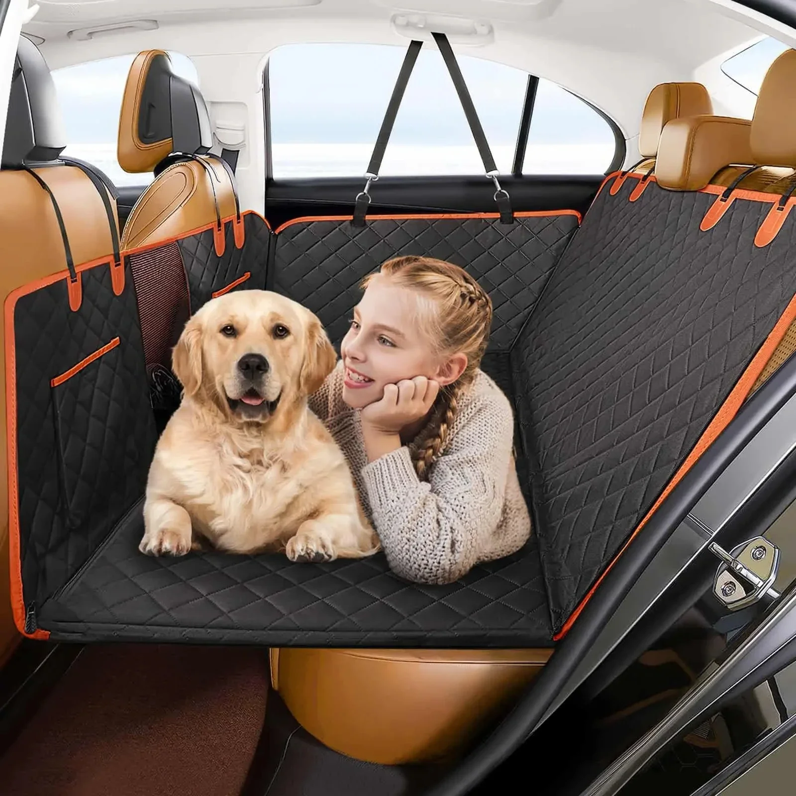 Dog Car Seat Cover Hard Bottom, Pet Seat Cover with Mesh Window, Dog Seat Covers for Car Travel,Back Seat Extender for Dogs 