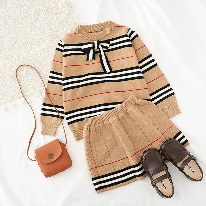 Spring Autumn Girls Knitted 2 Pieces Suit Top+skirt Fall Sets for Children Girls Clothing Kids Clothes