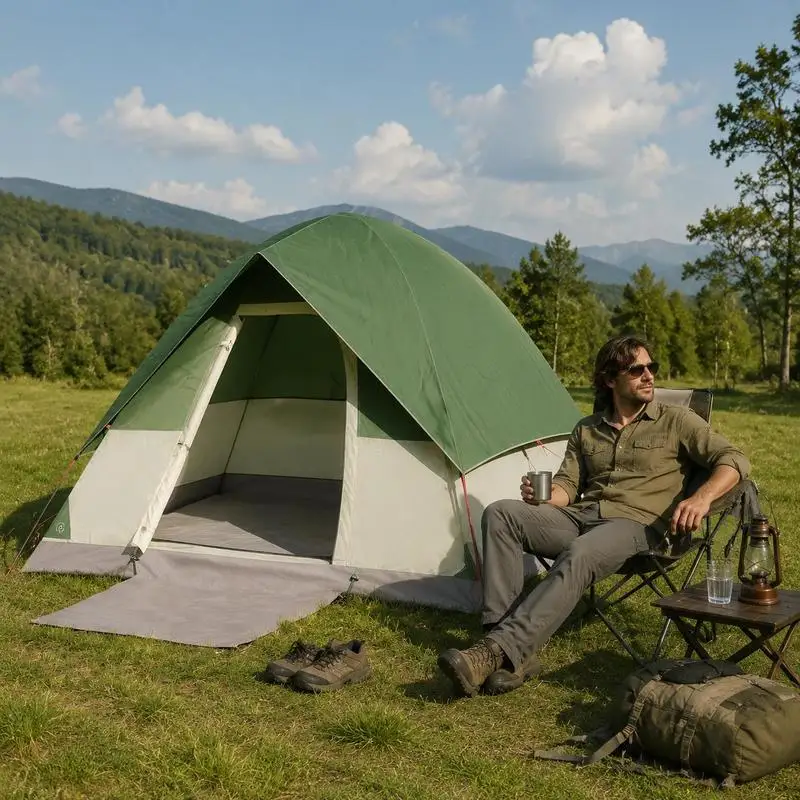 Tente de camping dôme pour 4 personnes, verte, imperméable, idéale pour la randonnée en banlieue, le camping en bord de lac et les séjours de nuit en bord de mer, avec une excellente performance d'étanchéité.
