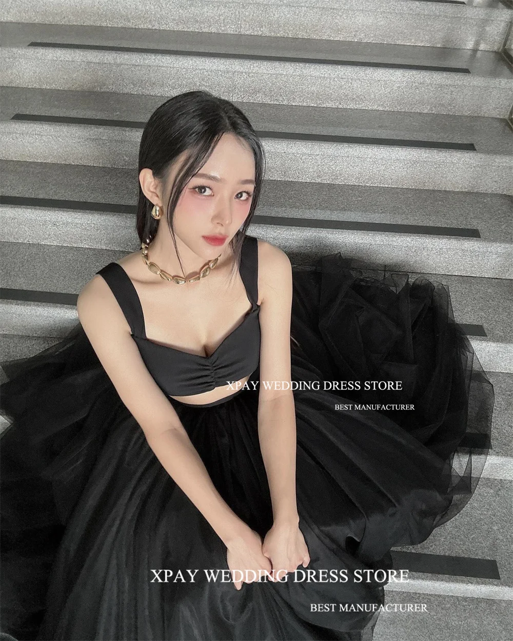 XPAY Sweetheart Black Korea Evening Dresses Cut Out Pleats Tulle Wedding Photo shoot Gowns Elegant Sparkly Formal Party Dress