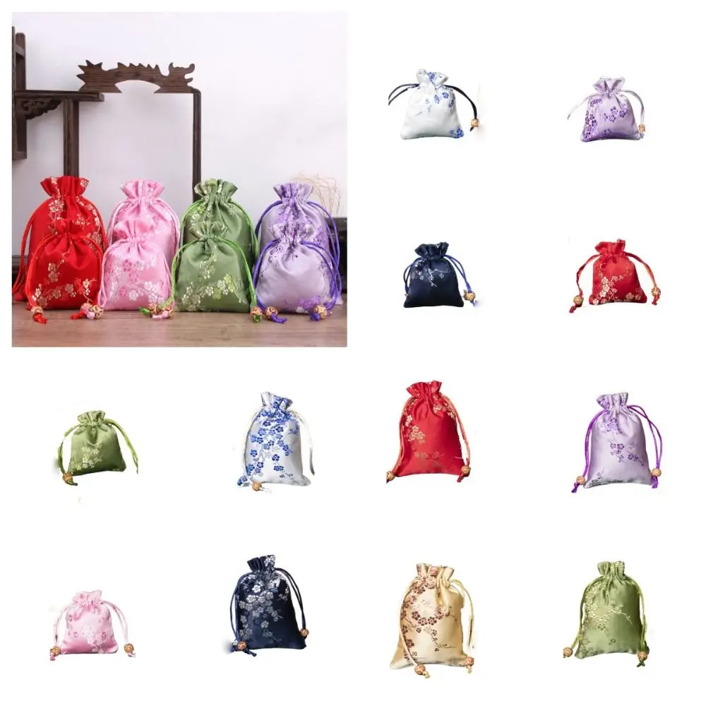 Smooth Satin Storage Bag Embroidered Flower Women Sachet Drawstring Tie Drawstring Gift Bag Birthday