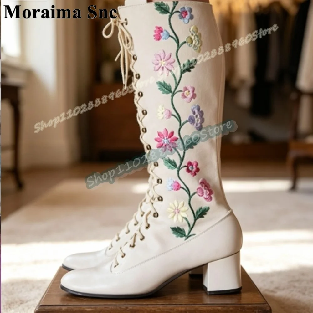 Trending Mid Calf White Splicing Embroidery Boots Block Heel Shoes For Women Cross Tied Round Toe Fashionable Zapatos Para Mujer