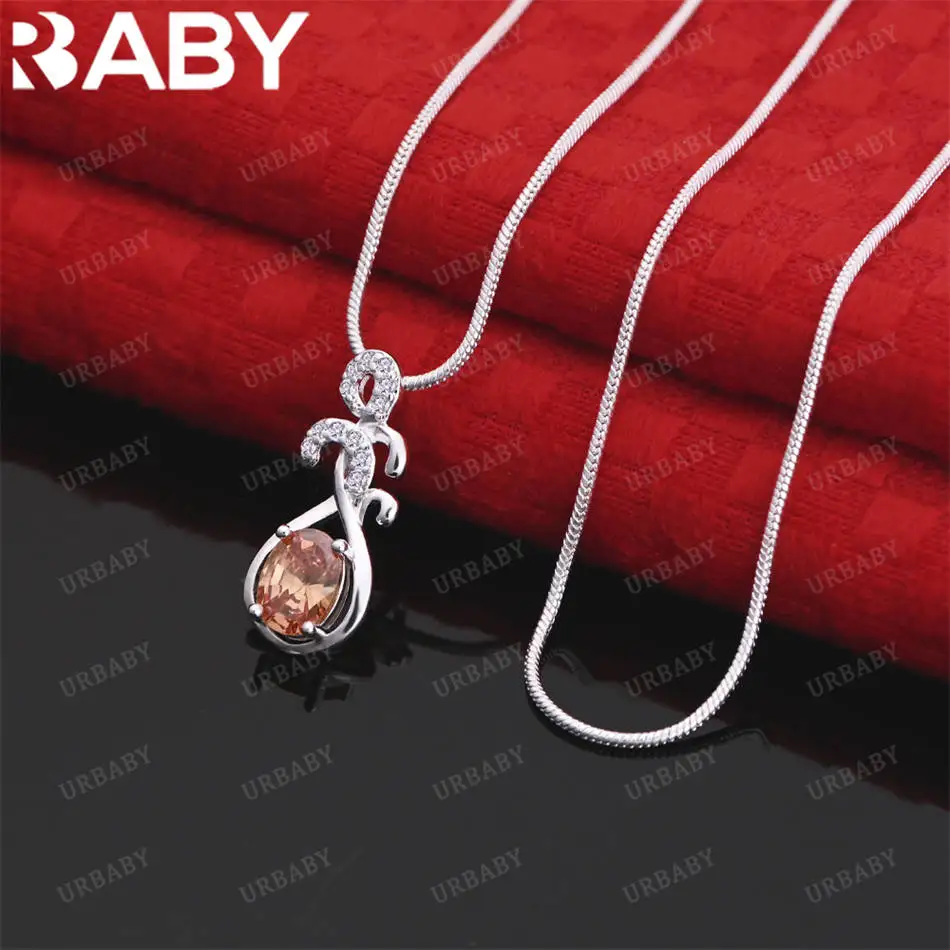 

URBABY 40-75cm 925 Sterling Silver Orange Zircon Pendant Necklace For Women Charm Trend Birthday Gift Fashion Party Fine Jewelry