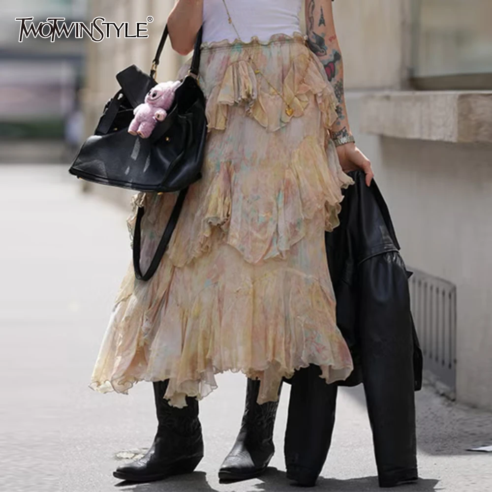

TWOTWINSTYLE Повседневная сетчатая юбка с цветными блоками для женщин, многоуровневые темпераментные юбки миди с высокой талией, женские летние