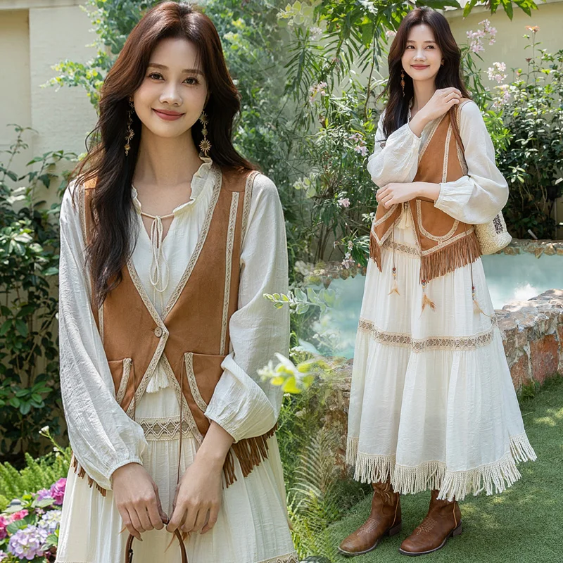 

n Sle Suede Tassel Waistcoat ort Vintage Open Cardigan Vest Layering Outerwear Polyester Fiber Regular Length