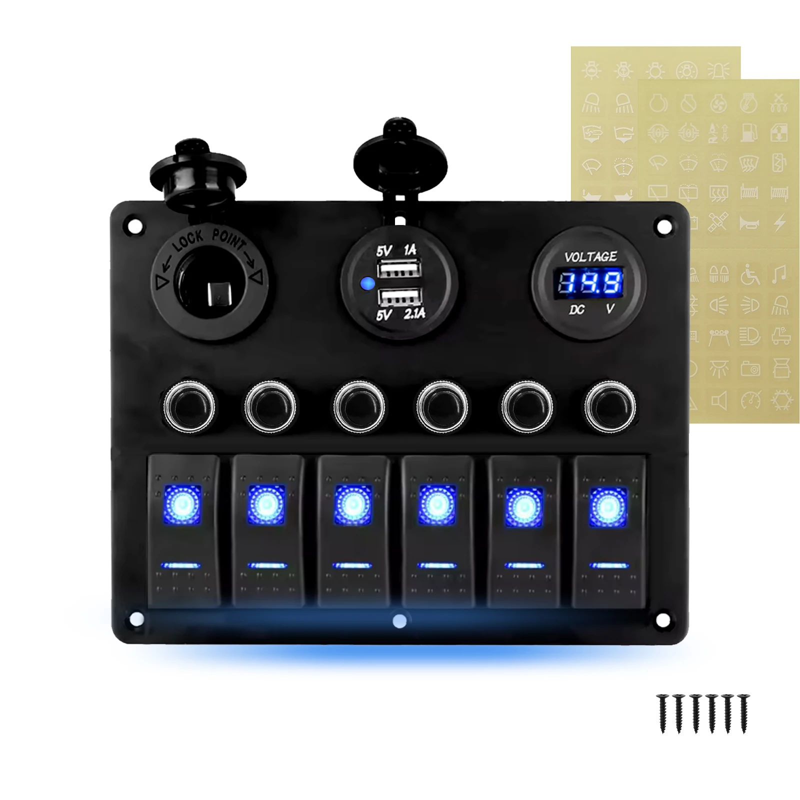 

6 Gang Marine Switch Panel Blue Led Voltmeter USB Chargers Circuit Breaker Panel 12V 24V Car Boat RV Yacht Caravan Power Adapter