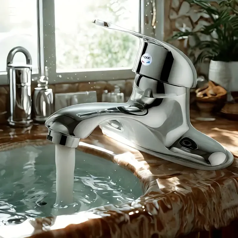 

Chromed Bathroom Faucet Double-Hole Basin Mixer Tap Hot And Cold Water Deck Mounted Plastic Steel Sink Toilet