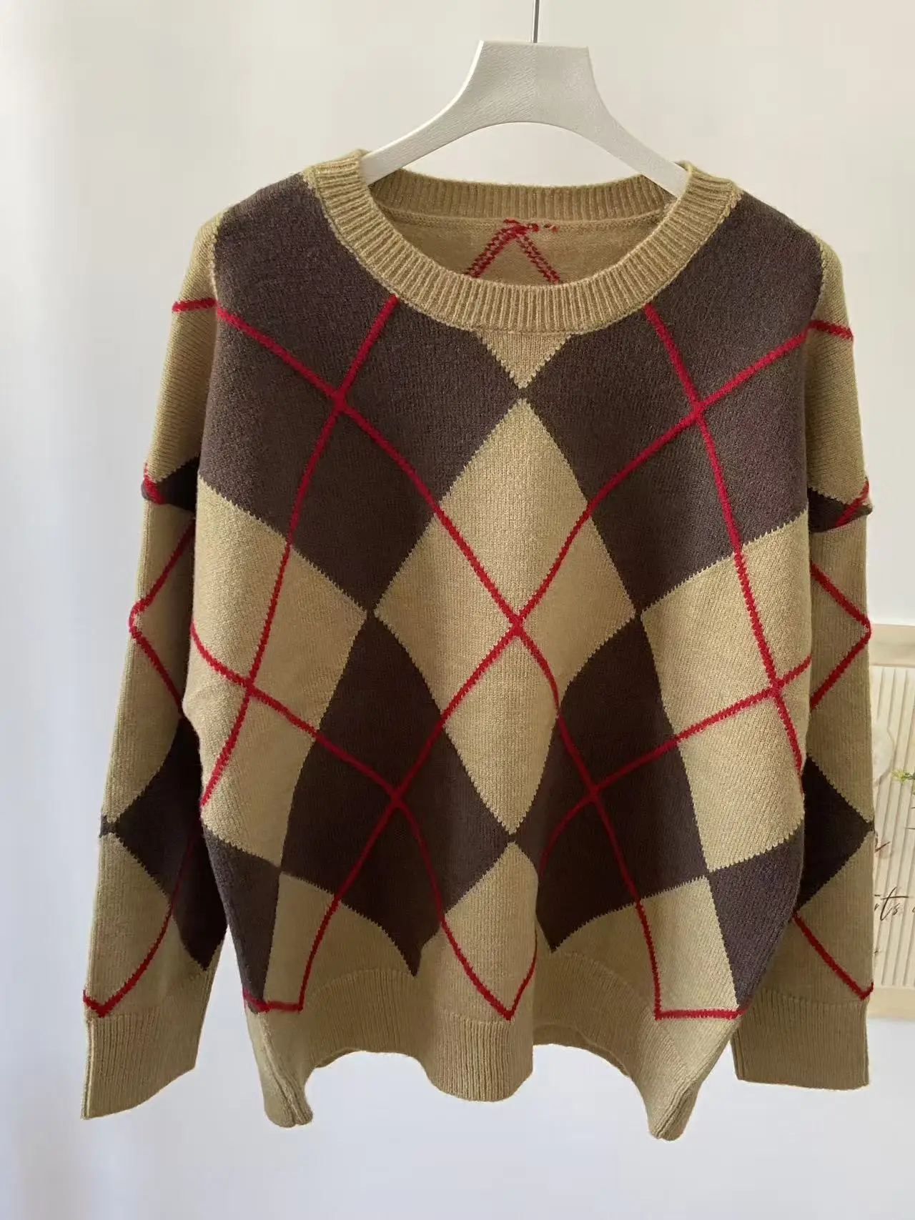 Ethereal MD 2025 massidutti winter new style of Women's casual Retro diamond-patterned round-neck long-sleeved knitted sweater