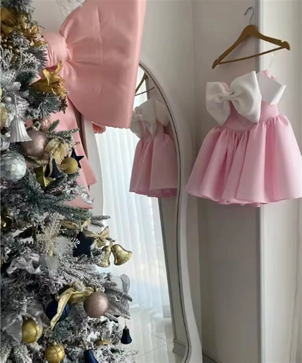 

Cute Satin Flower Girl Wedding Dress Bow Off Shoulder Simple Princess Birthday Party Dress Formal Occasion Dress Customized