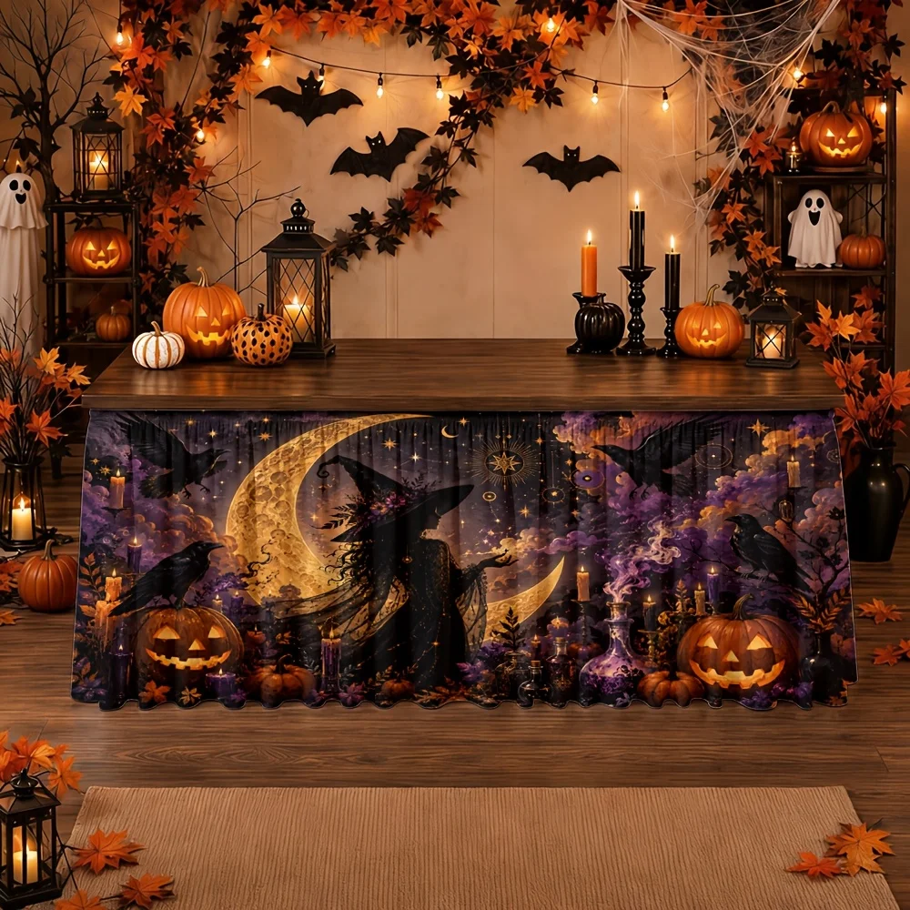 Halloween tablecloth and table skirt - 1 piece - Polyester - Witch - Moon - Crow - Pumpkin - Candle - Ghost - Forestzyc