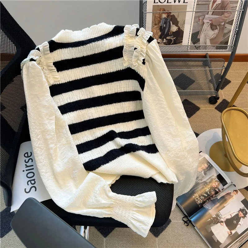 Sweater Female Early Spring Design Sense Stripe Loose V-Neck Knitted Panel Wooden Ear Edge Long Sleeve Cardigan Top for Women