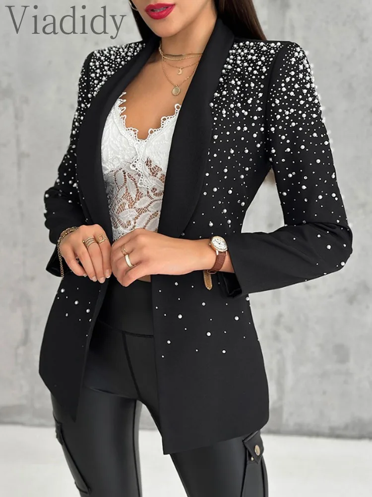 Women's Casual Solid Color Long Sleeve Beads Decor Shawl Collar Blazer Coat