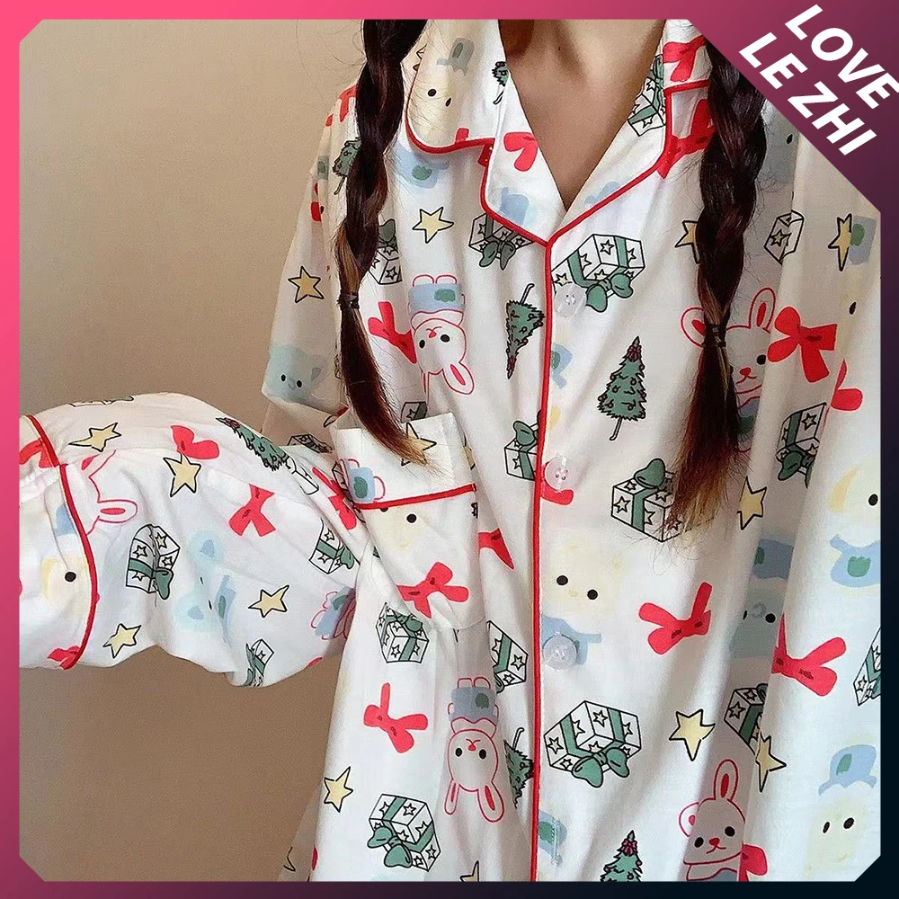 

Kawaii Girls Cute Rabbit Christmas Tree Print Long-Sleeved Trousers Spring Autumn Cotton Pajama Anime Cartoon Home Wear Set