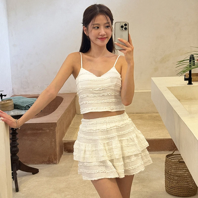 Maiô feminino sexy duas peças cor pura flouching senhoras maiô bonito tankini conjunto swim wear estilo coreano