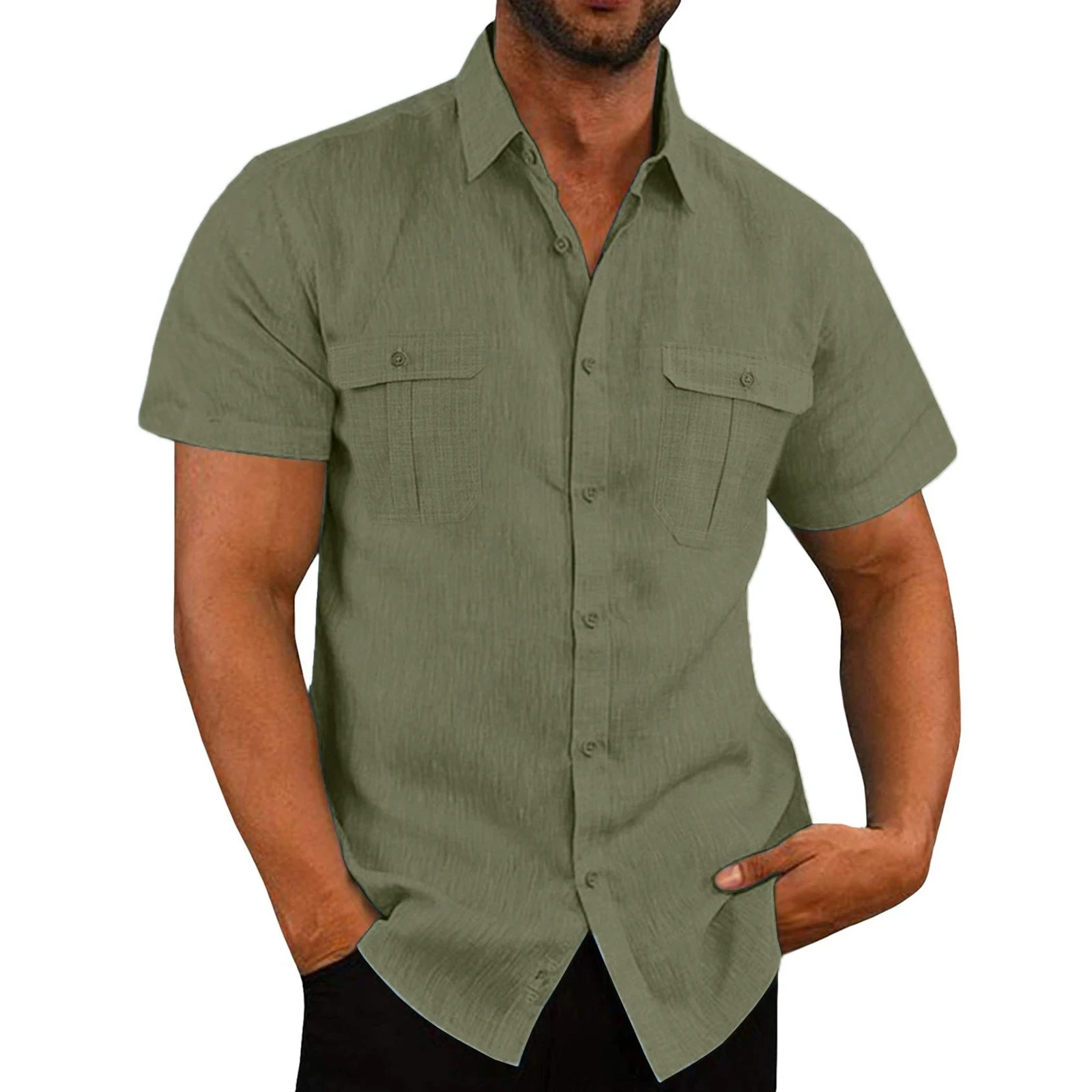 Camisas de manga corta de lino y algodón para hombre, camisas informales de Color sólido con cuello levantado, estilo playero, talla grande, gran