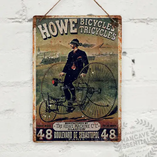 Howe Bicycles Tricycles Vintage Metal Wall Sign Plaque Mancave Bike Cycle Retro