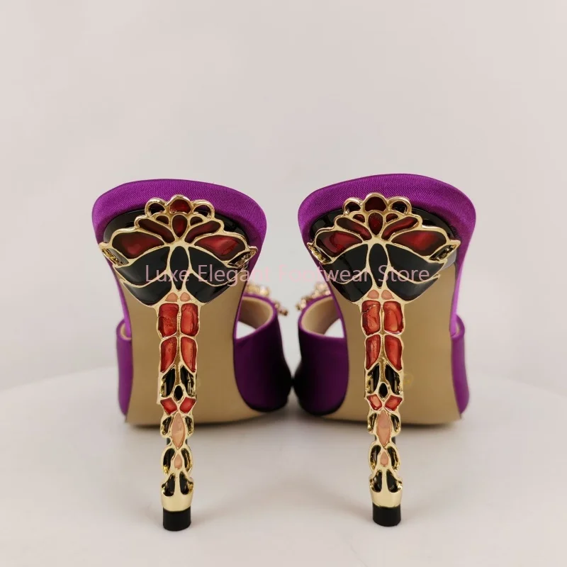 Purple Satin Colorful Rhinestone Floral Decor Slippers Women Slip On Shiny Gem Thin High Heels Luxury Fashion Party Dress Shoes