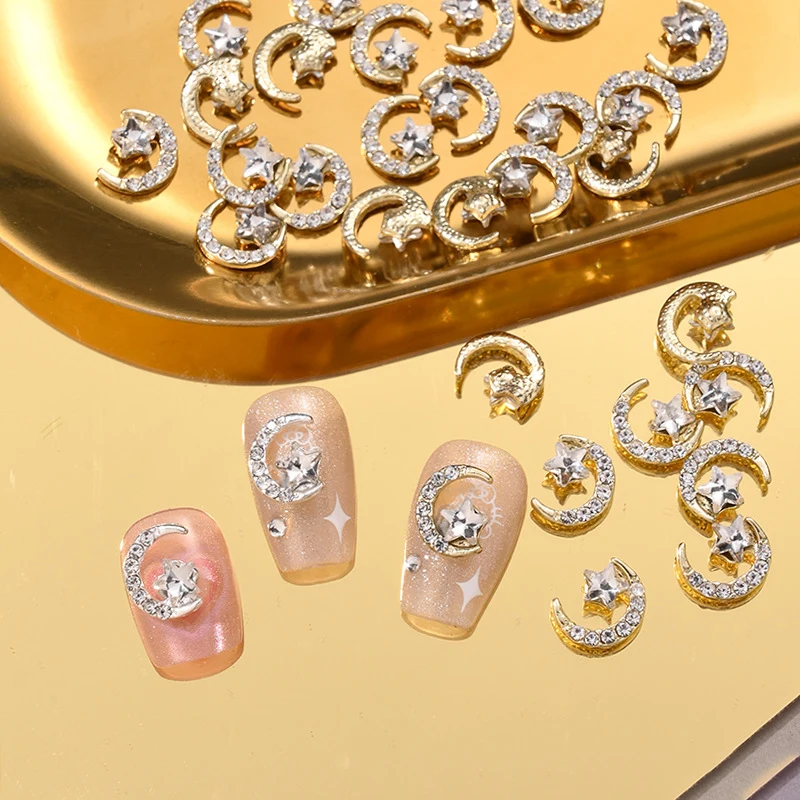 10 قطعة نجمة القمر مسمار السحر الذهب والفضة الفاخرة الماس مرصع الراين رسومات أظافر الديكور DIY بها بنفسك سبيكة مانيكير اكسسوارات
