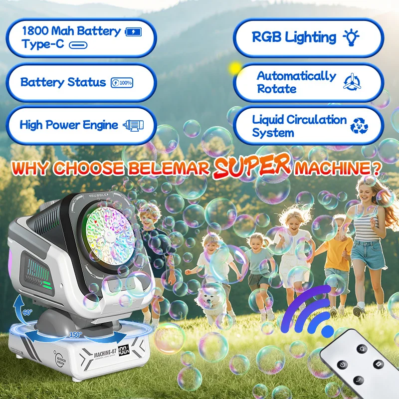 A versão atualizada da máquina de bolhas com controle remoto, rotação automática e luz Rgb, bateria recarregável de 1800mAh, carregamento tipo C, máquina de bolhas adequada para crianças, casamentos, festas de aniversário, atividades ao ar livre, não inclui fluido de bolha