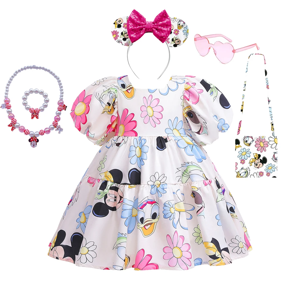 Vestido casual sem costas para meninas, roupas infantis, criança, Mickey, Minnie Mouse, Daisy Cartoon, manga folhada, vestidos bonitos para bebê, verão