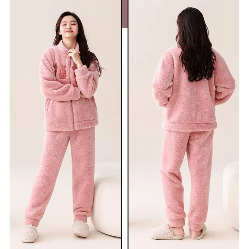 Conjunto de Pijama de terciopelo Coral para mujer, ropa de dormir cálida de franela con forro polar y cuello levantado grueso, traje de invierno,