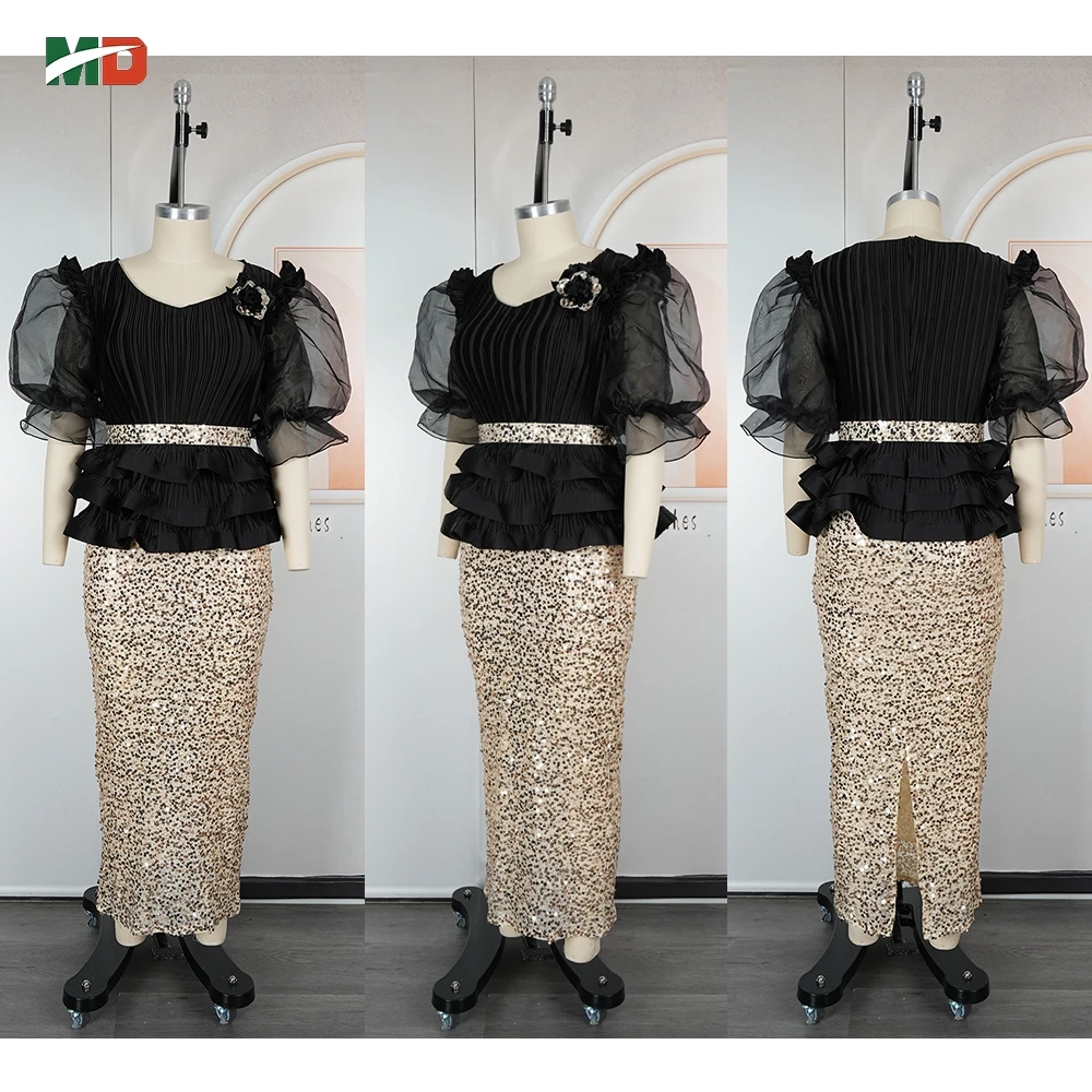 MD Африканские платья для женщин 2025 Новое вечернее свадебное платье больших размеров с блестками Элегантные марлевые топы Одежда с пышными рукавами