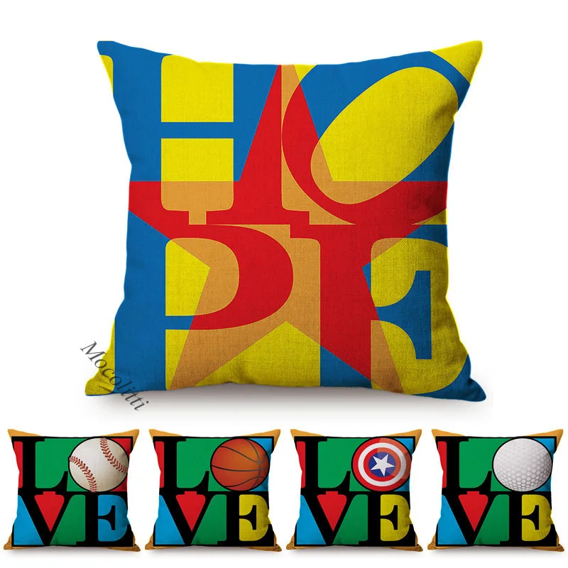 Abstract Geometric Letter Style Square Sofa Cushion Cover Love Baseball Basketball Motion Pattern Decoration Pillow Case cojines