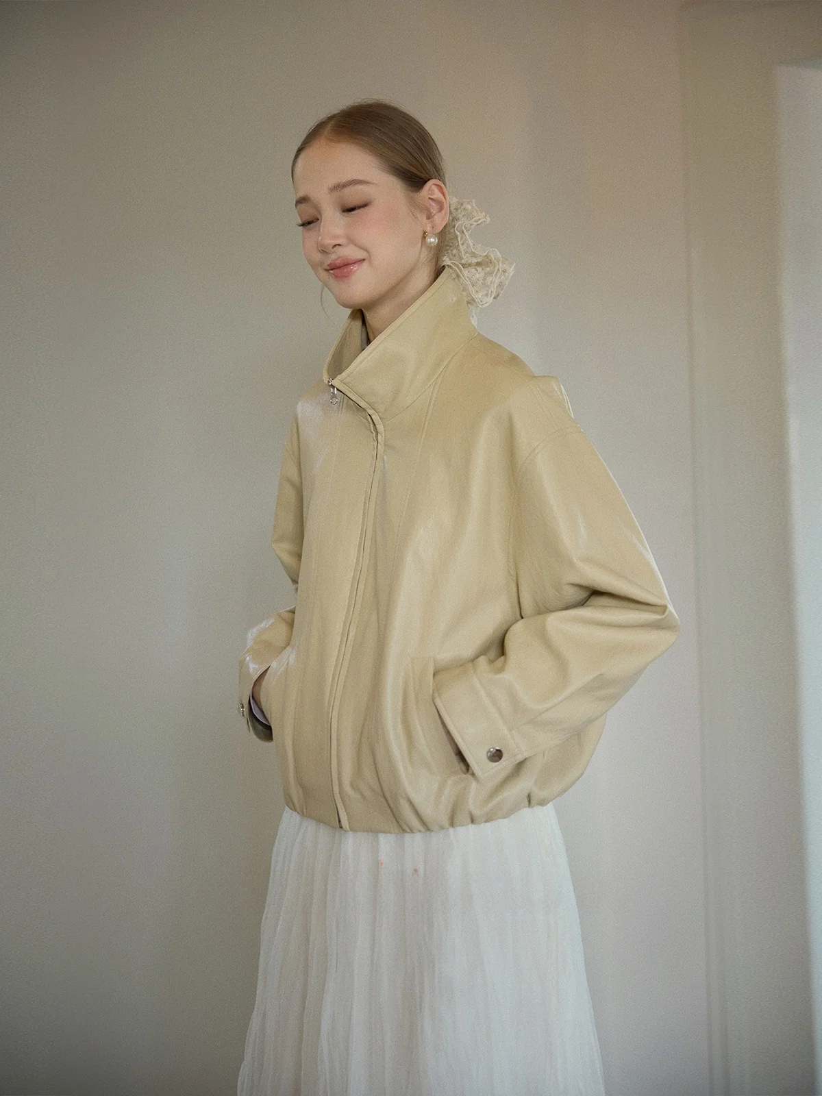 Miss Squirrel Flower Bud lederen jas Casual zachte sensatie High-end gevoel Dames leren jas voor vroege herfst met ritssluiting