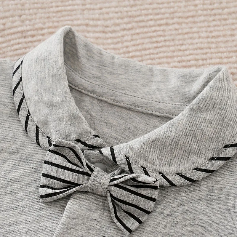 Newborn Baby Boys Set Casual Fashion Vertical Gentleman Bow Comfortable Cotton Grey Short Sleeve Set Summer Baby Two Piece Set