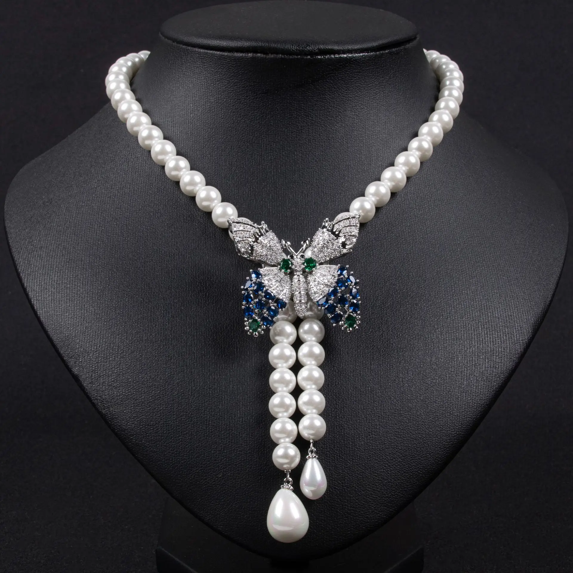 

HIBRIDE Light Luxury Vintage Large Butterfly Pearl Necklace Earrings Costume Jewellery Set Wedding Party Prom Holiday Gift S-807