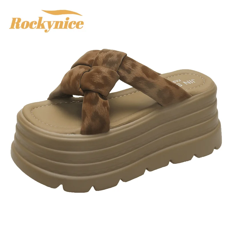 

NEW Fashion Women Summer Weave Chunky Sandals 8CM Wedge Platform High Heels Slippers Woman Thick Bottom Slides Beach Slippers