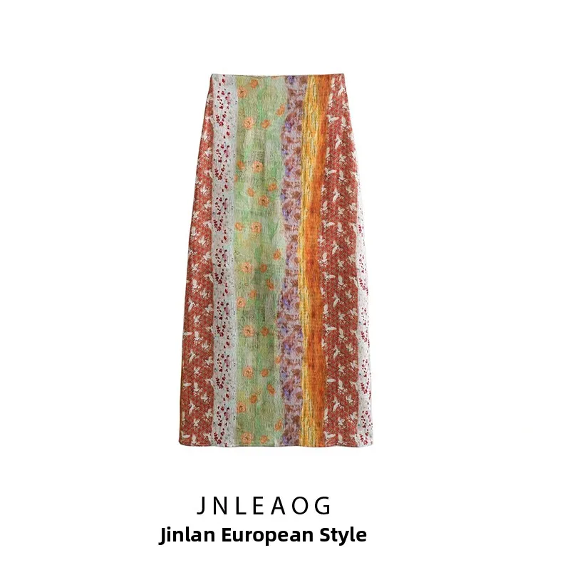 夏の新スタイルの女性のロングスカート透かし絵画デザインミディスカートフレンチスタイルプリントカジュアルポリエステル繊維