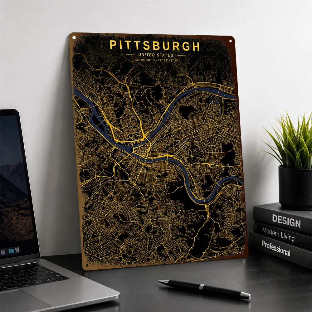 Pittsburgh Golden City Map Printed Poster Personalized Aluminum Metal Sign Geographic Linework Wall Art Ideal For Home Offices