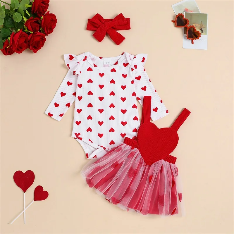 

Sweety Baby Girl Valentine's Day Outfits Heart Print Crew Neck Long Sleeve Romper Suspender Skirts Headband 3Pcs Clothes Set