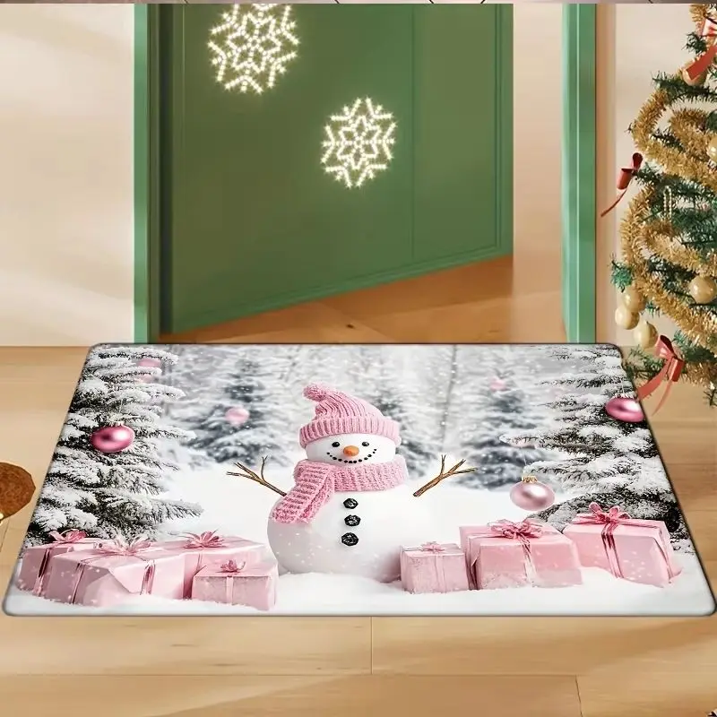 VIKAMA Snowman Welcome Mat Winter Pink Hat Scarf Snow Scene Non Slip Washable Entrance Floor Rug Christmas Home Decor
