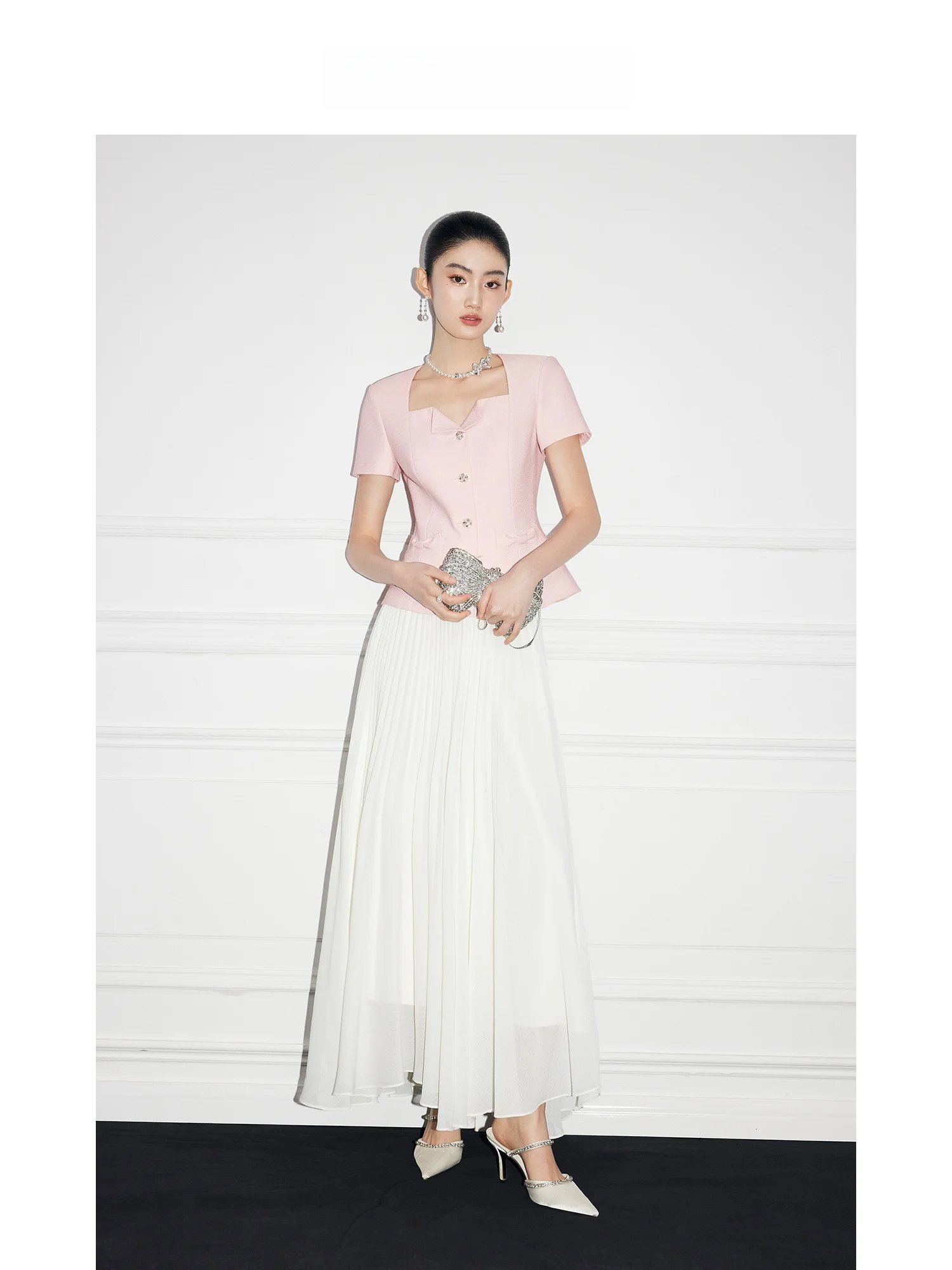 

MandyZhang Elegant Pink Diamond Button Set Short Sleeve Waist-Cinching Square Collar Women's Summer Fashion Outerwear