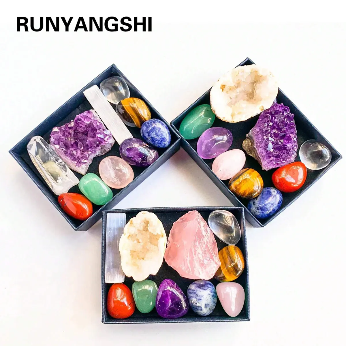 Natural Crystal Chakra Set Amethyst Cluster Agate Cave Selenite - Crystal Furniture Decoration Gift Set for Christmas Thanksgivi