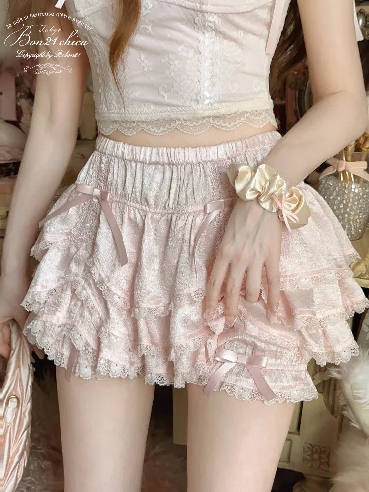 Princess sweet lolita skirt bobon21 Flower God French style girl pleated satin petal lace skirt pants B2403
