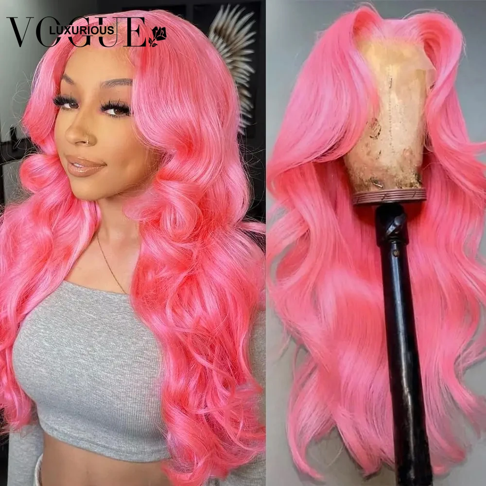 Peluca de cabello humano ondulado para mujer, postizo de encaje Frontal transparente, pelo Remy brasileño, color rosa claro, 13x4, a la venta