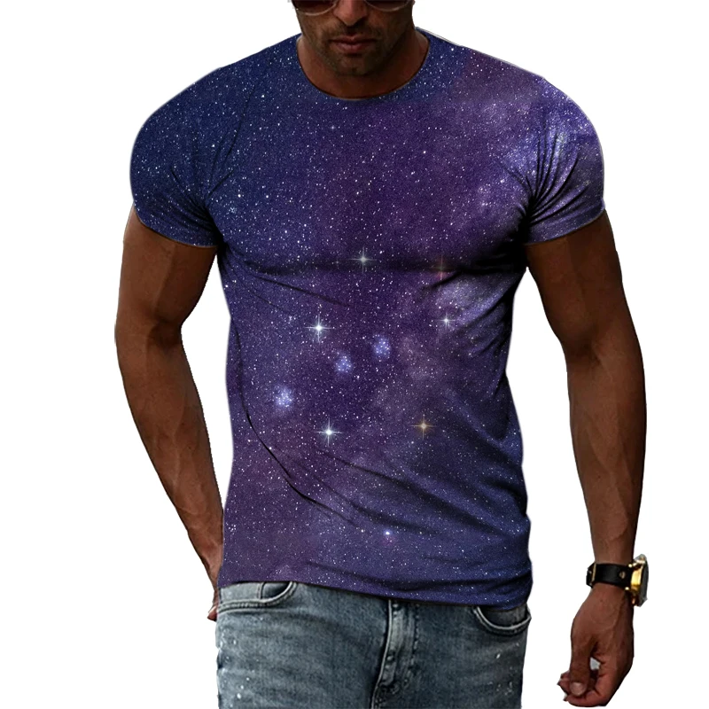 Summer Hot Sale Starry Sky 3D Printed T-Shirt Purple Galaxy Universe Men\'s O-Neck Fashion Short Sleeve Hip Hop Street Casual Top