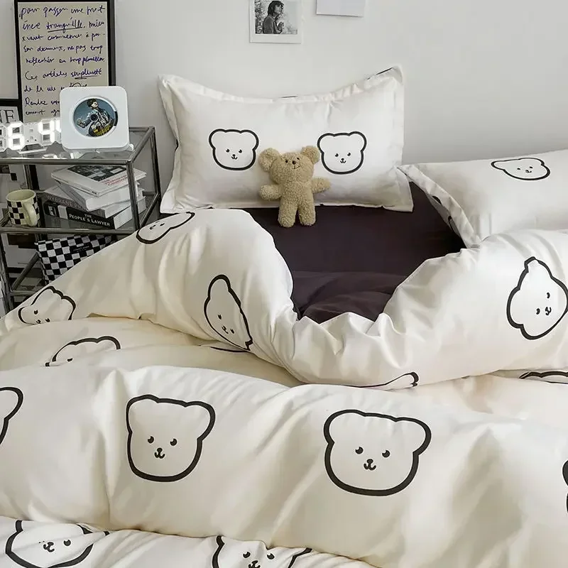 Cute Bear Bedding Set No Filler Ins Style Duvet Cover Pillowcase Flat Sheet Full Queen Size Boys Girls New Arrival Bed Linens