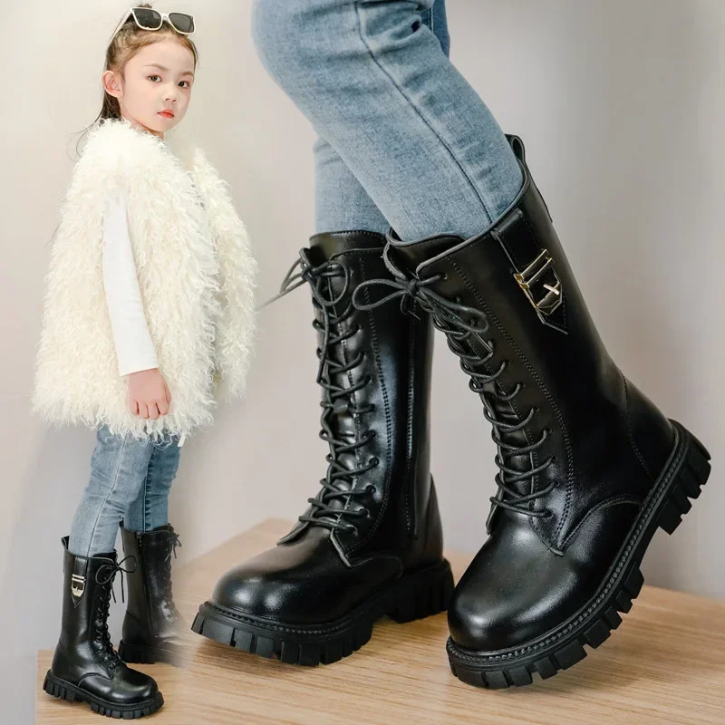 Girls Long Leather Boots Solid Color Britain Style Kids Princess High Boots Fashion Children Catwalk Buckle Boots Classic