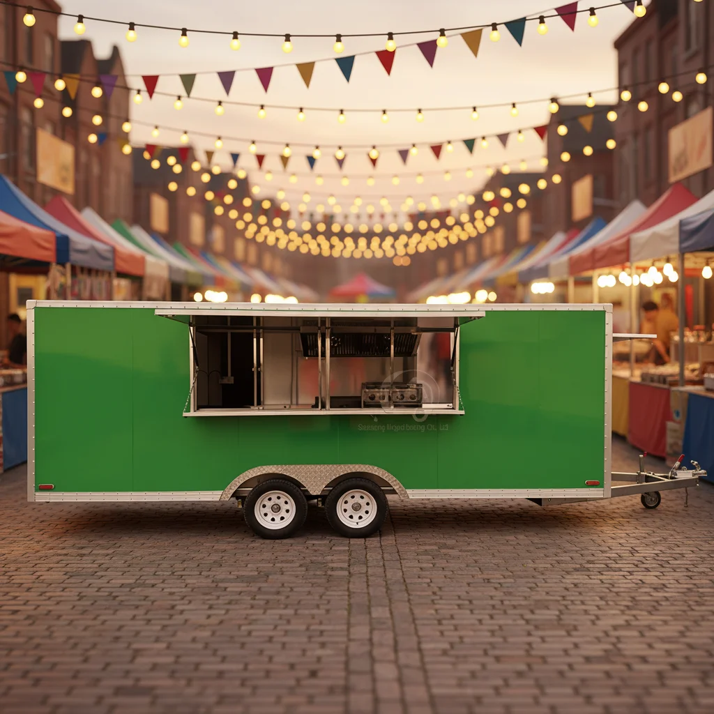

Green Mobile Stainless Steel Kitchen Trailer with Refrigerator And Cooking Equipment for Street Food Business