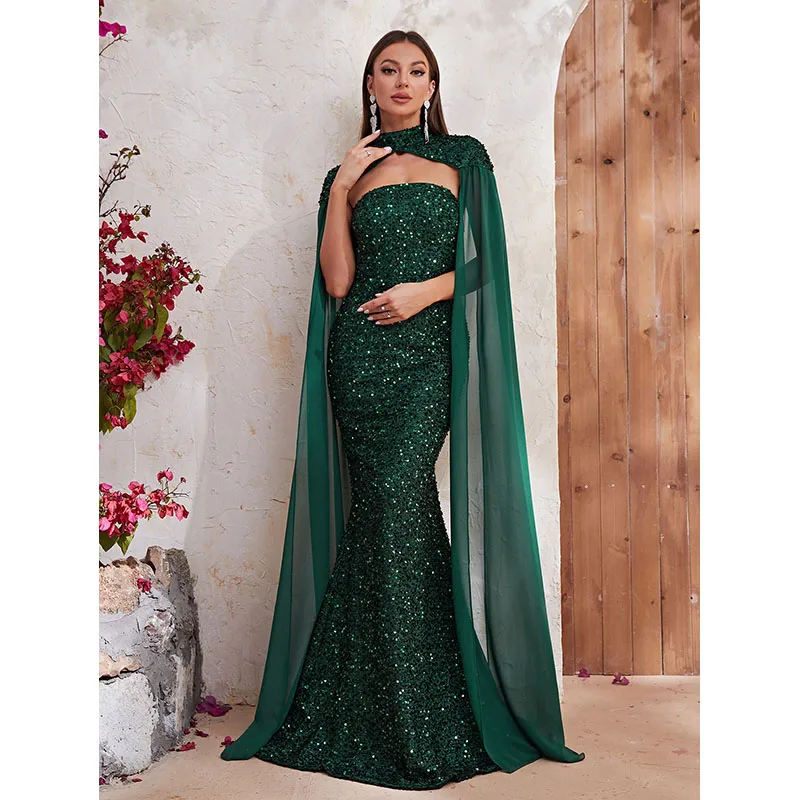 Women Fashion Vestido de festa Halter shawl Strapless Sequined Sexy Backless Cocktail Prom Evening Long Maxi Dress