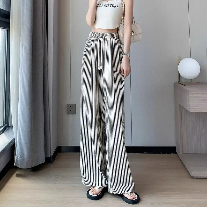 Dames casual zwart gestreept geweven wijde pijpen broek casual stijlvolle volledige lengte broek Y2K kleding streetwear herfst